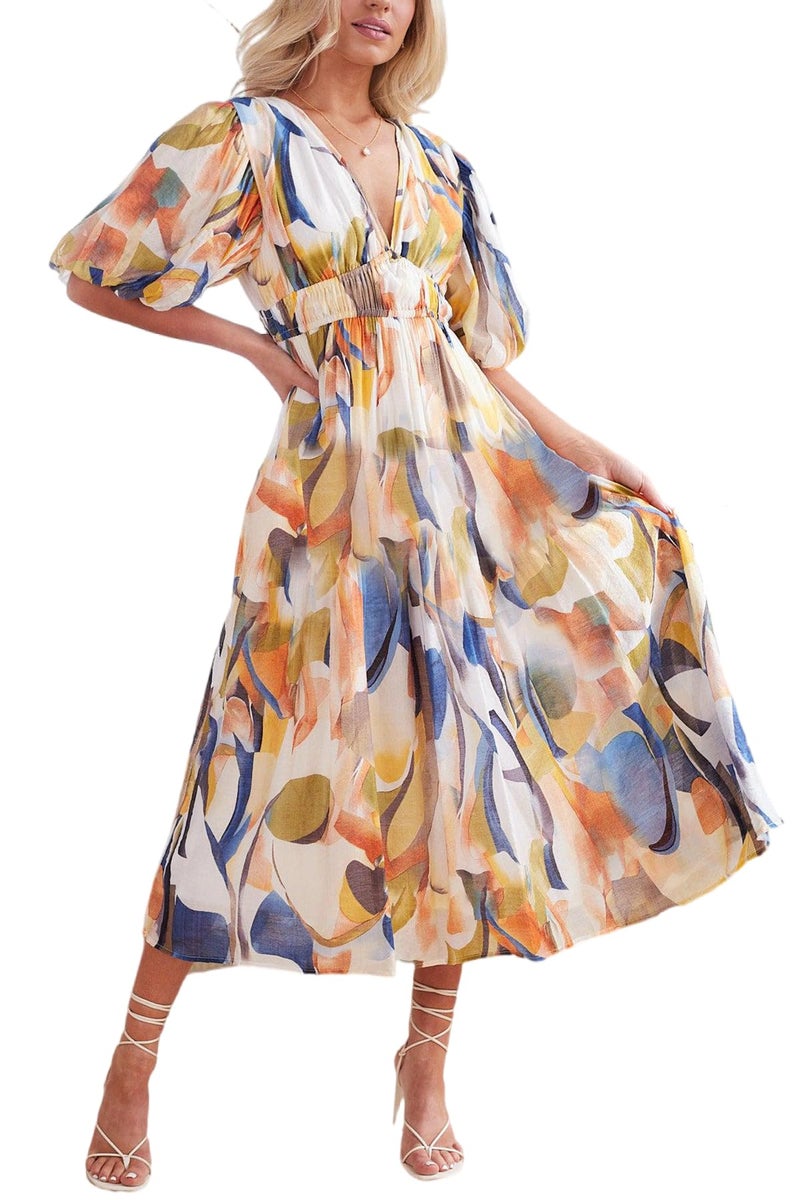 Maxigerui Women's Summer Floral Maxi Dress Spring Wedding Guest Dress 2026 Blue Watercolor S - Image 1