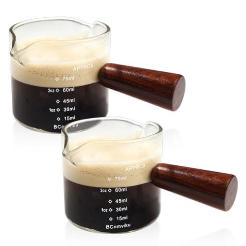 BCnmviku 2 PCS Double Spouts Measuring Triple Pitcher Milk Cup with Wood Handle 75ML Espresso Shot Glasses Parts Clear Glass By BCnmviku - Image 1