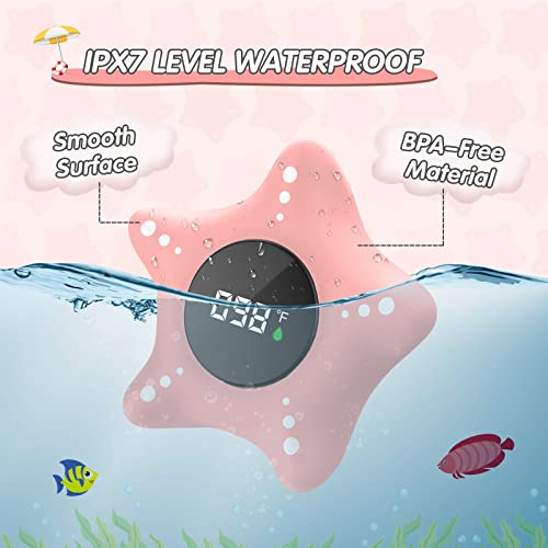 LEDFAAH Baby Bath Thermometer Safety, Auto On & Off Bathtub Thermometer Floating Toy, Digital Bathing Water Temperature Warning, Pink Sea Star Shape - Image 3