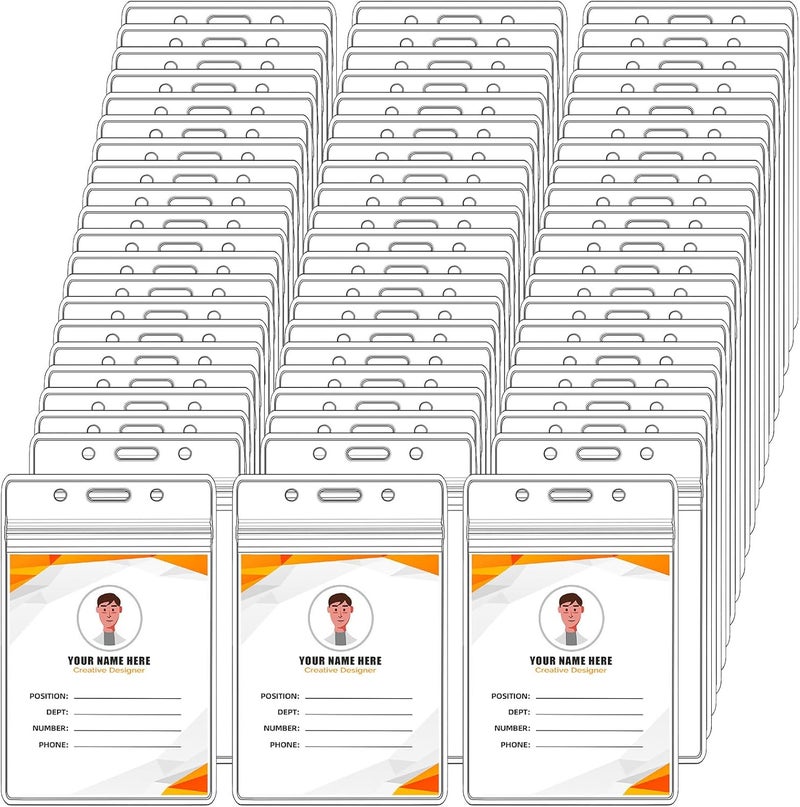 Mardatt 100Pcs Clear Vertical Name Badge, Plastic Vertical Name Tags ID Card Holders Name Tag Badge Holder ID Card Holders Waterproof Resealable for Teacher Student Worker(2.7" x 4.5") - Image 1