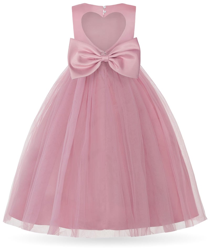 Uhnice Flower Girl Pearl Dress Tulle Ball Gown Bow Prom with Heart Cutout for Wedding Birthday Party (Pink, 130/6-7 Years) - Image 1