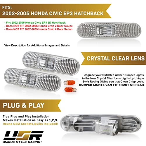 USR UNIQUE STYLE RACING USR DEPO 02-05 Civic 3D Side Marker Lights - Bumper Sidemarkers Lamps Set (Left + Right) Compatible with 2002-2005 Honda Civic Si EP EP3 3 Doors Hatchback (Clear Lens 2 Pieces Front or Rear) - Image 3