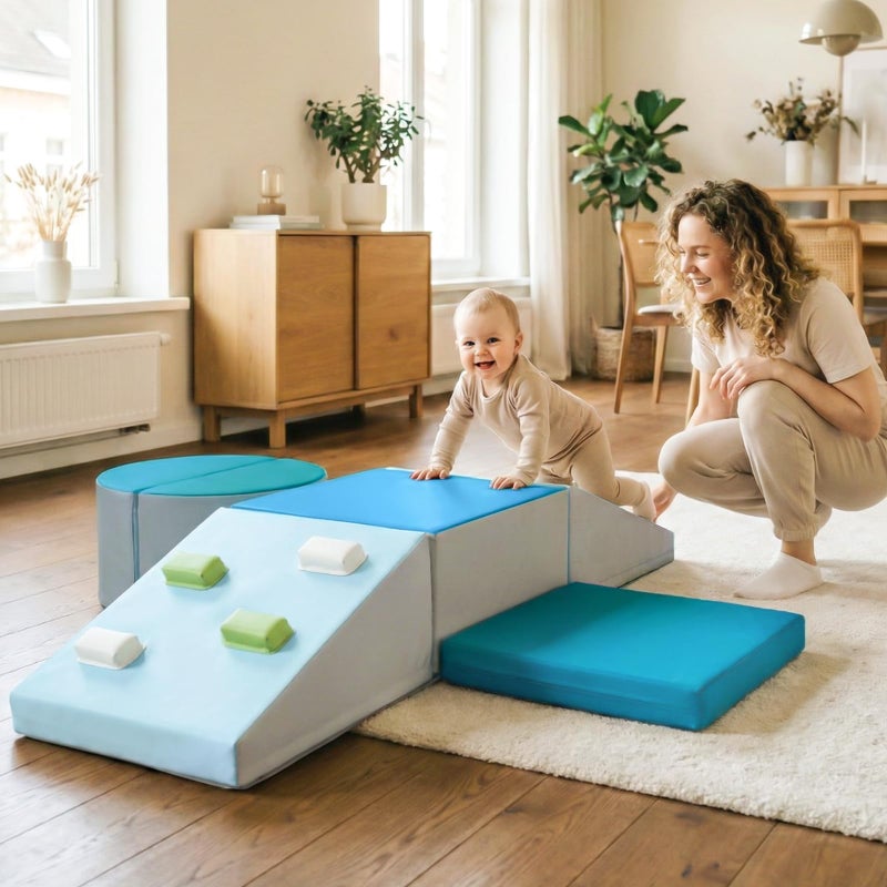 Olakids Climbing Toys for Toddlers, 6 Pieces Baby Foam Blocks Soft Play Set with PU Leather, Indoor Kids Climb and Crawl Sliding Activity Structure Gym Playground Climber (Azure) - Image 2