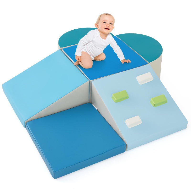 Olakids Climbing Toys for Toddlers, 6 Pieces Baby Foam Blocks Soft Play Set with PU Leather, Indoor Kids Climb and Crawl Sliding Activity Structure Gym Playground Climber (Azure) - Image 1