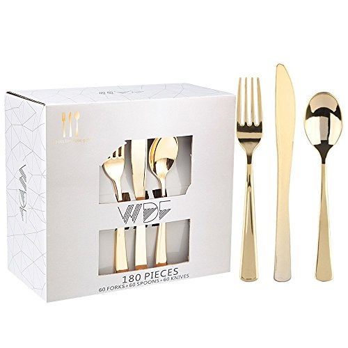 WDF 180 Pieces Disposable Plastic Gold Silverware Cutlery  Disposable Flatware Set 60 Forks 60 Knives and 60 Spoons  Heavy Duty Gold Plastic Cutlery  Utensils for Party Wedding