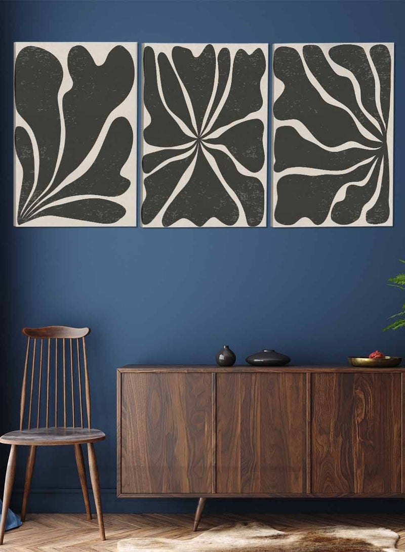 لوحة طقم من ٣ لوحات كانفاس على إطار خشبي تصميم رسم تجريدي أوراق نباتية للمنزل غرفة المعيشة المكتب الديكور - Image 2
