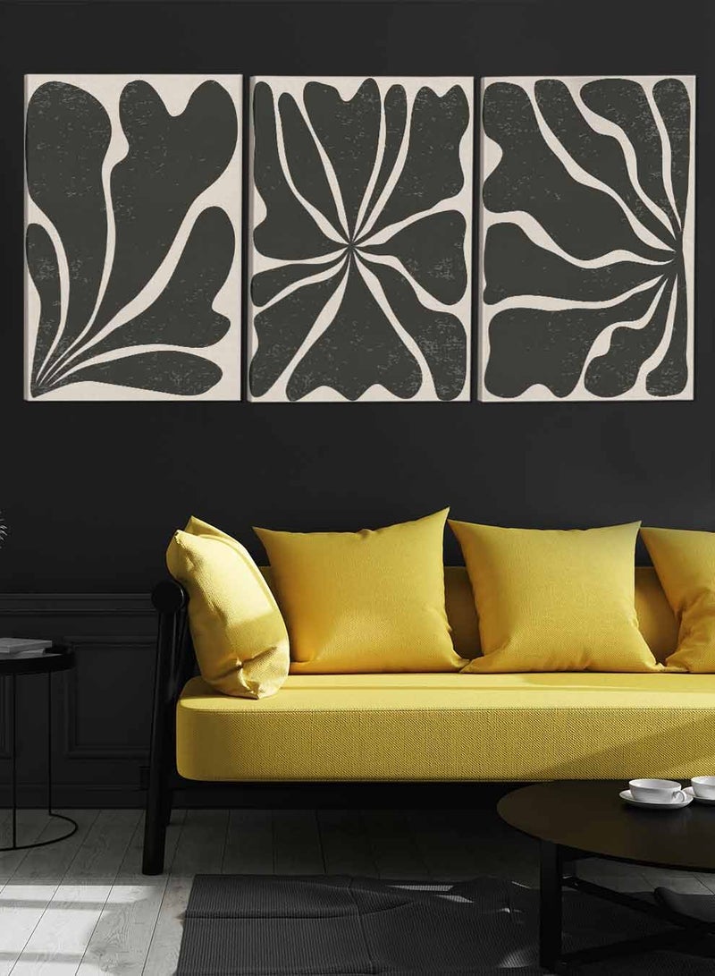 لوحة طقم من ٣ لوحات كانفاس على إطار خشبي تصميم رسم تجريدي أوراق نباتية للمنزل غرفة المعيشة المكتب الديكور - Image 3