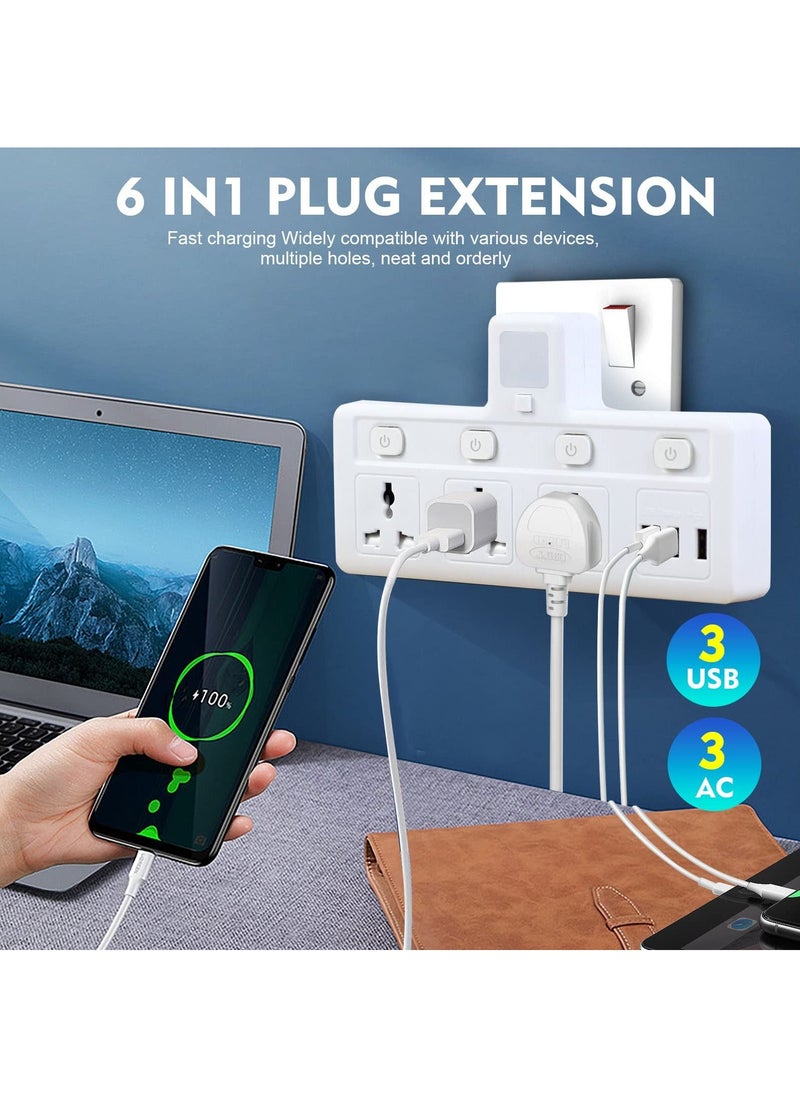 SKY-TOUCH - Multi-Plug Extension Socket with 3 USB Extender Wall with 3 Outlets and an Electrical Power Extender Outlet Adaptor for Home, Office, and Kitchen White - Image 1