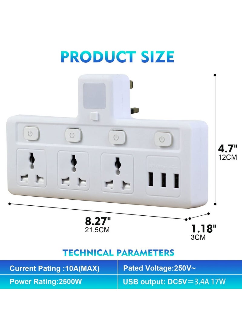 SKY-TOUCH - Multi-Plug Extension Socket with 3 USB Extender Wall with 3 Outlets and an Electrical Power Extender Outlet Adaptor for Home, Office, and Kitchen White - Image 1
