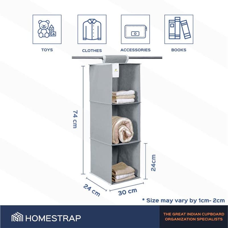 HomeStrap 3-Shelf Closet Hanging Organizer | Durable Non-Woven Fabric Storage Hanger with Engineered Wood | Stylish Wardrobe Storage Solution | Grey (Pack of 2) - Image 3