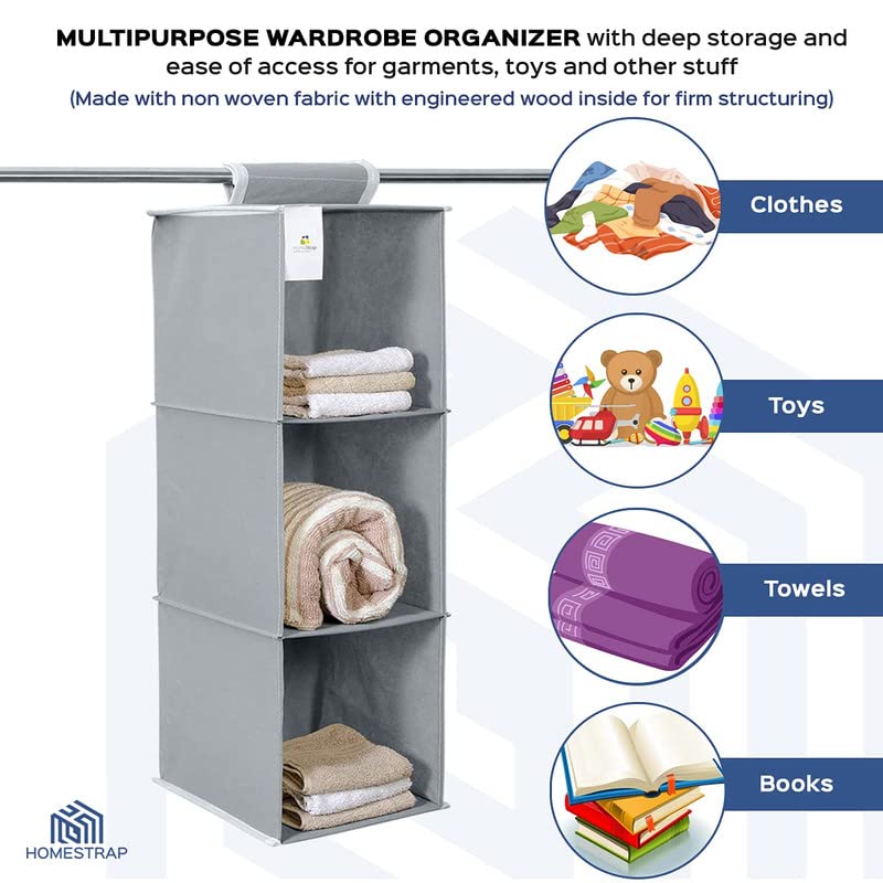 HomeStrap 3-Shelf Closet Hanging Organizer | Durable Non-Woven Fabric Storage Hanger with Engineered Wood | Stylish Wardrobe Storage Solution | Grey (Pack of 2) - Image 4