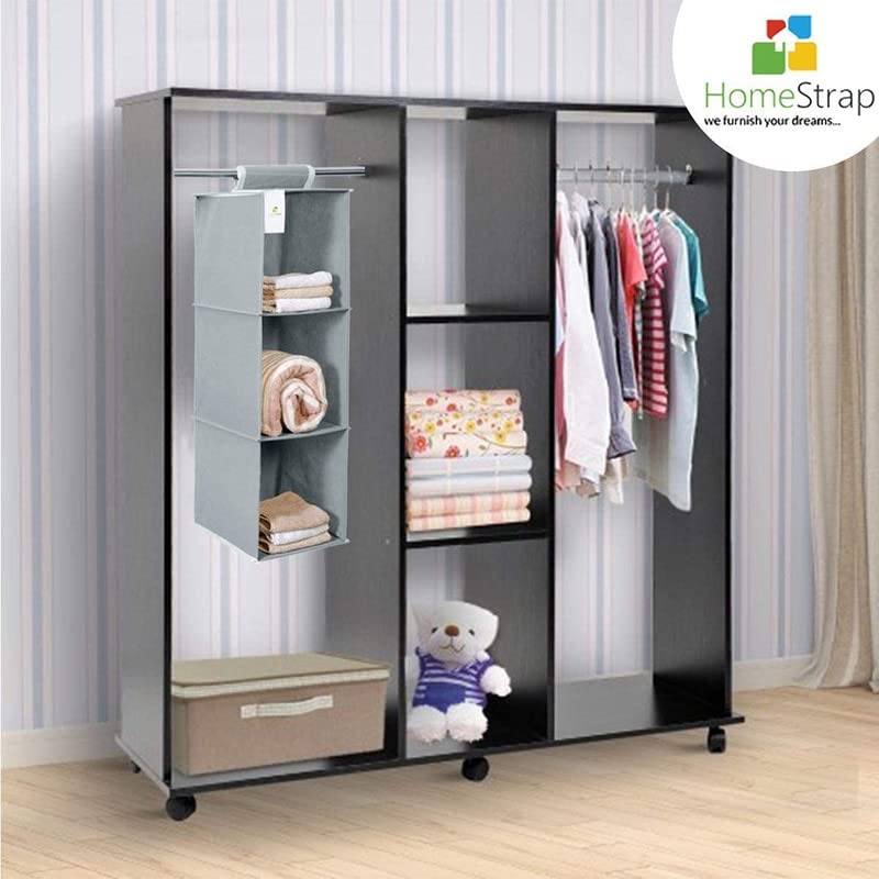HomeStrap 3-Shelf Closet Hanging Organizer | Durable Non-Woven Fabric Storage Hanger with Engineered Wood | Stylish Wardrobe Storage Solution | Grey (Pack of 2) - Image 5