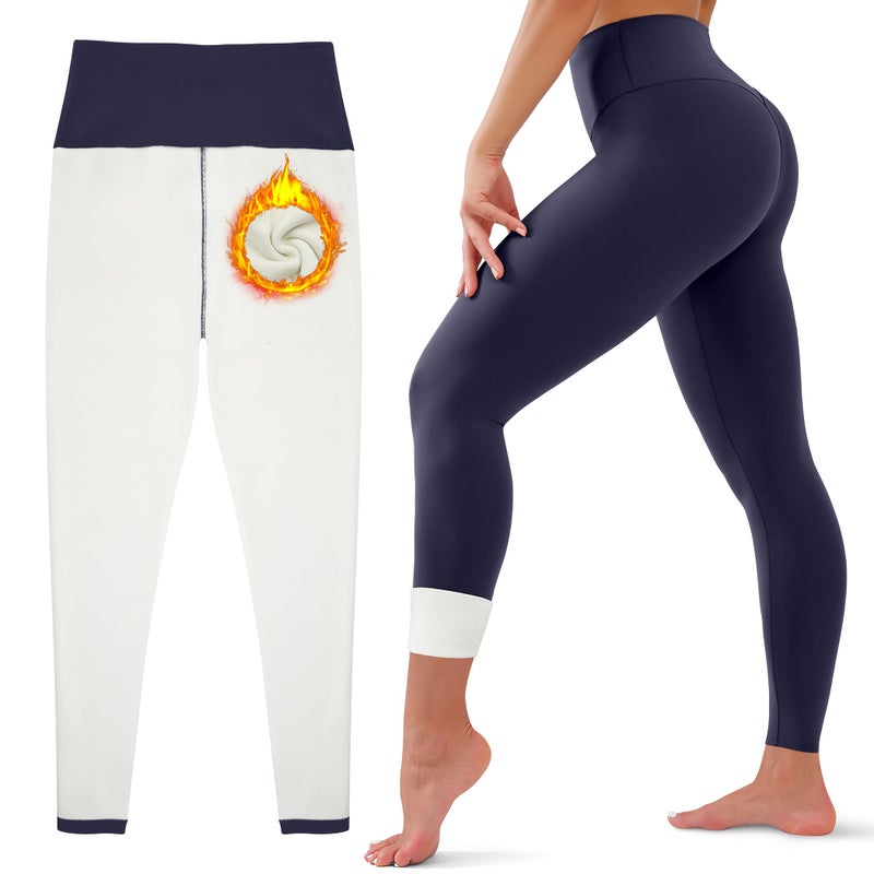 HEGALY Thick Fleece Lined Leggings for Women Tummy Control High Waisted Workout Thermal Warm Soft Yoga Pants for Cold Winter Navy Blue - Image 1