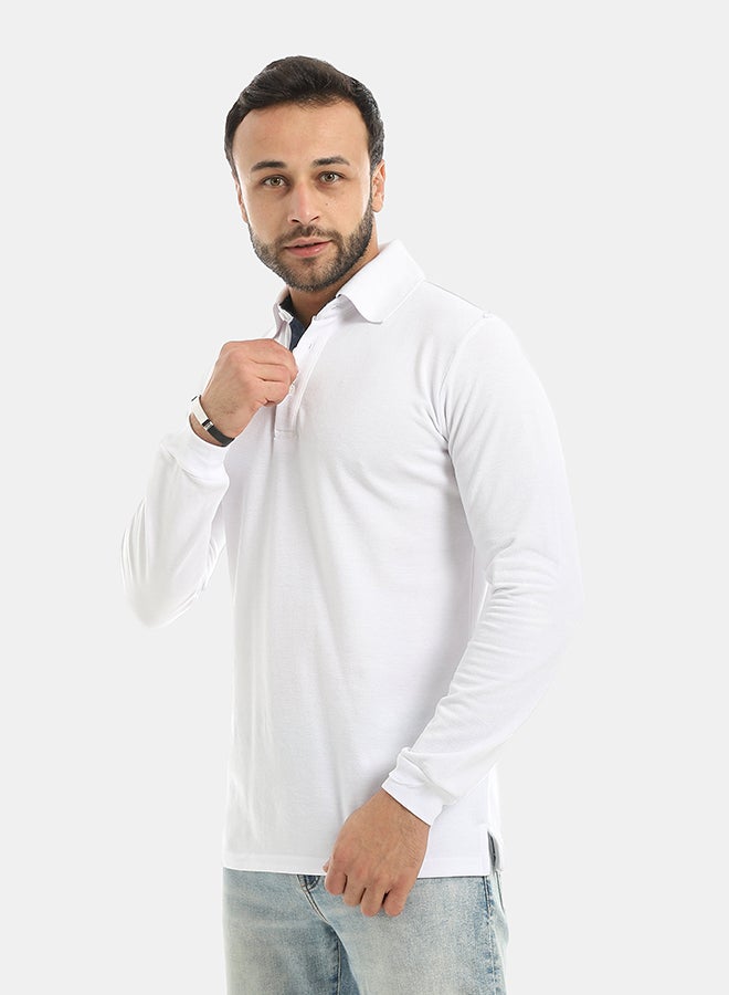 Andora Turned Down Collar Long Sleeves Polo Shirt-White - Image 1