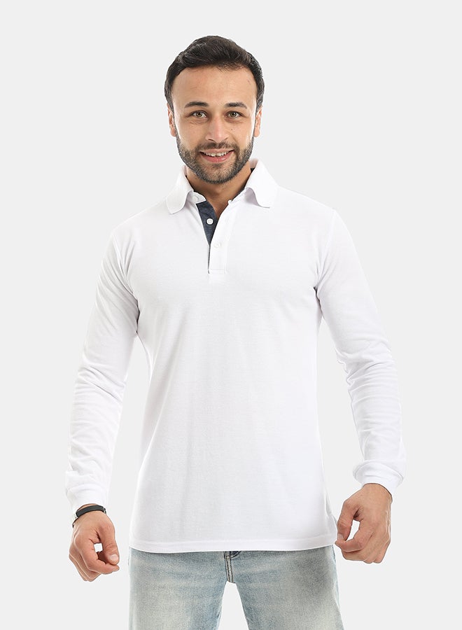Andora Turned Down Collar Long Sleeves Polo Shirt-White - Image 2