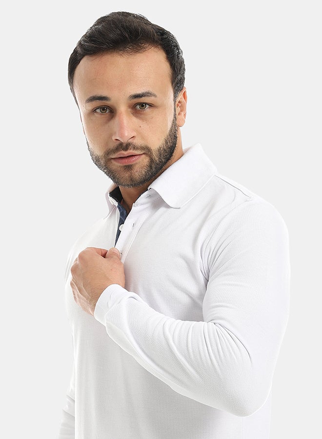 Andora Turned Down Collar Long Sleeves Polo Shirt-White - Image 4