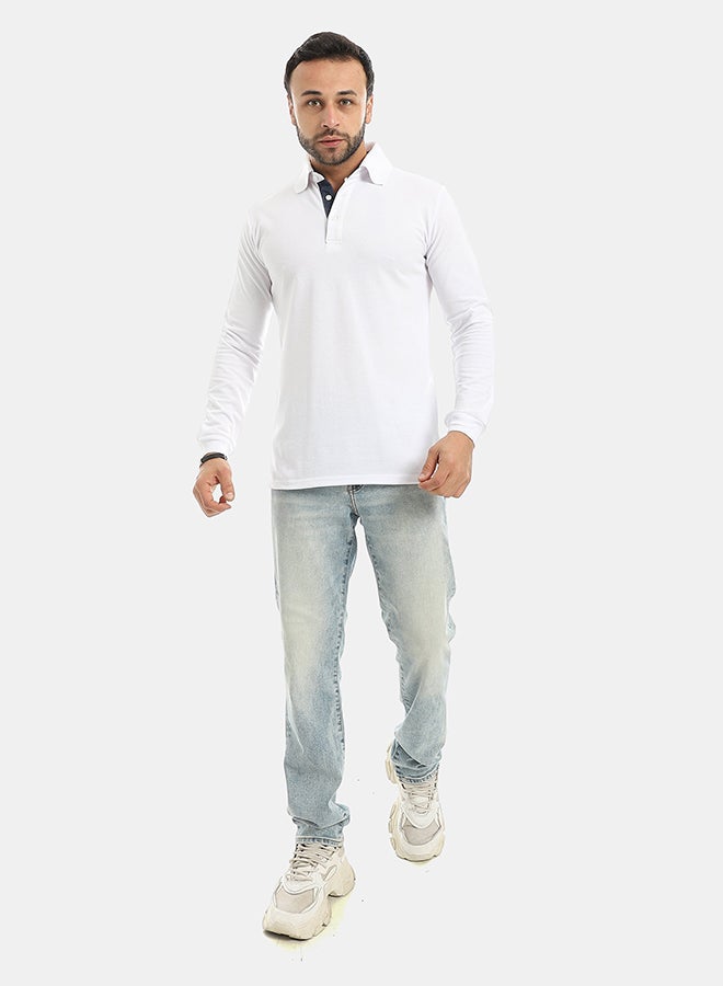 Andora Turned Down Collar Long Sleeves Polo Shirt-White - Image 5