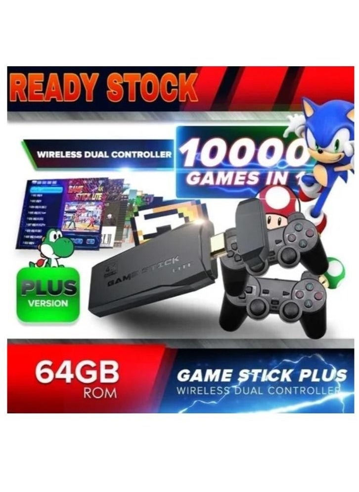 4K HD video game console, dual 2.4G wireless controllers, plug-and-play video game stick, built-in 10,000 games, retro handheld game console