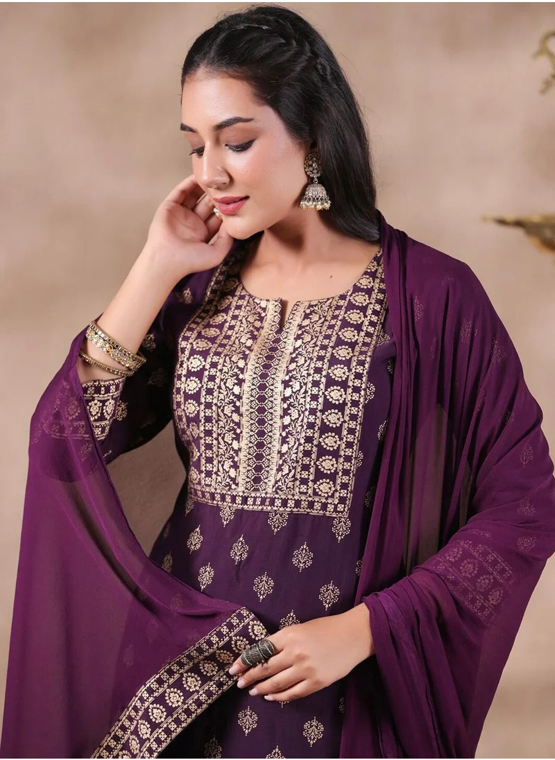 آي شين Regular Fit Three-Quarter Sleeve Printed Purple Silk Woven Kurta Set For Women Flat Collar Perfect For Wedding And Engagement Pull On Closure