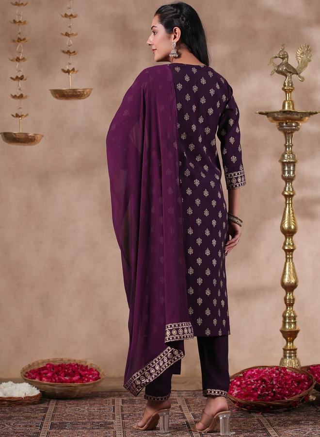 ISHIN Women's Purple Silk Printed Full Length Palazzo Regular Fit Kurta Set - Image 5