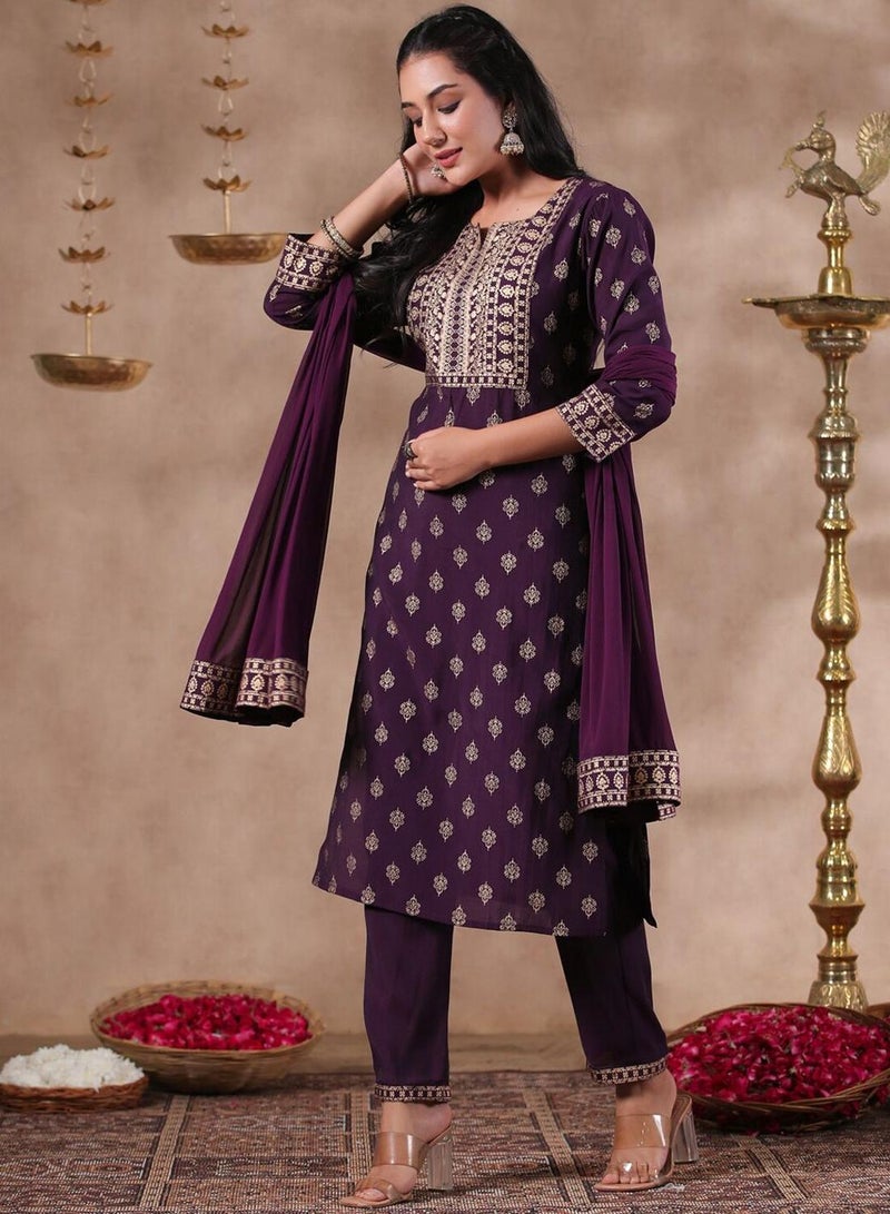 ISHIN Women's Purple Silk Printed Full Length Palazzo Regular Fit Kurta Set - Image 3