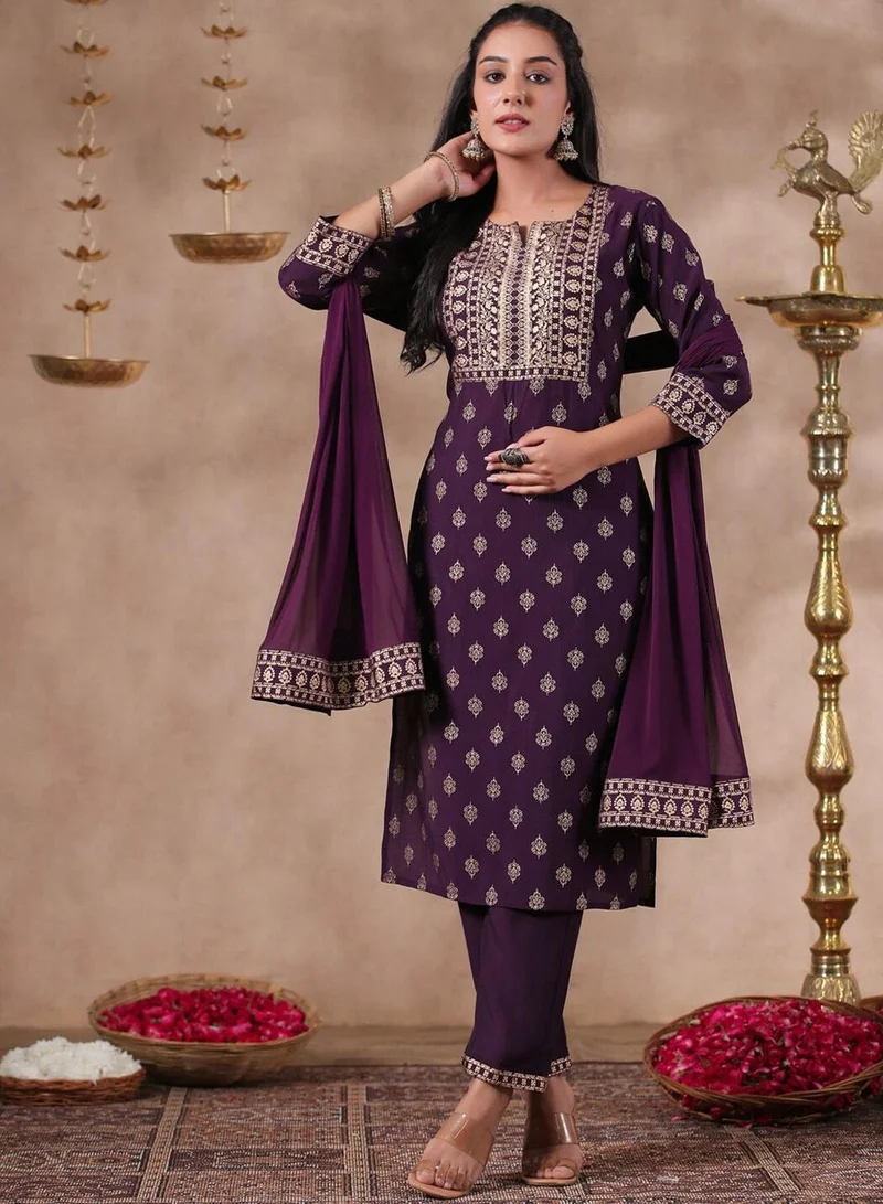 آي شين Women's Purple Silk Printed Full Length Palazzo Regular Fit Kurta Set