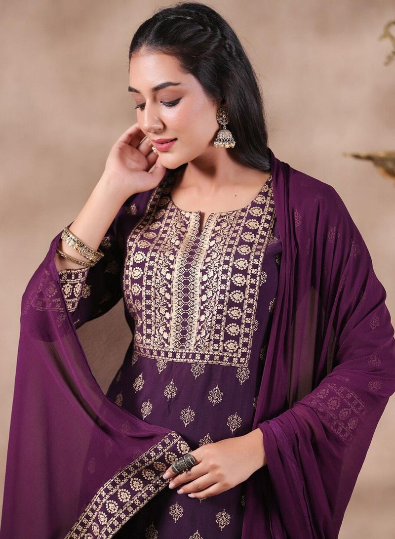 ISHIN Women's Purple Silk Printed Full Length Palazzo Regular Fit Kurta Set - Image 2
