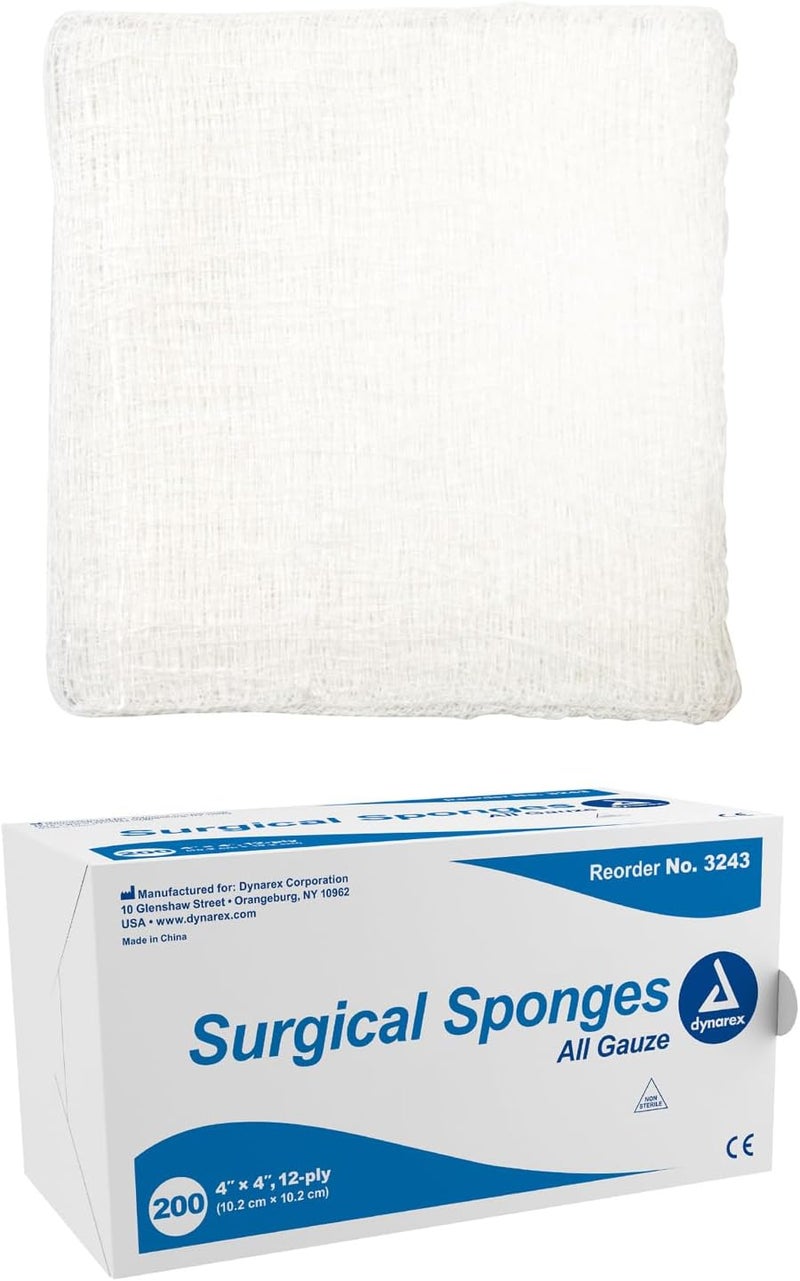 Dynarex Dynarex Surgical Gauze Sponges NonSterile Pads for General Cleaning and Wound Packing Made from 100 Absorbent Cotton 4 x 4 12Ply and LatexFree 1 Box of 200 Dynarex Surgical Gauze Sponges  - Image 1
