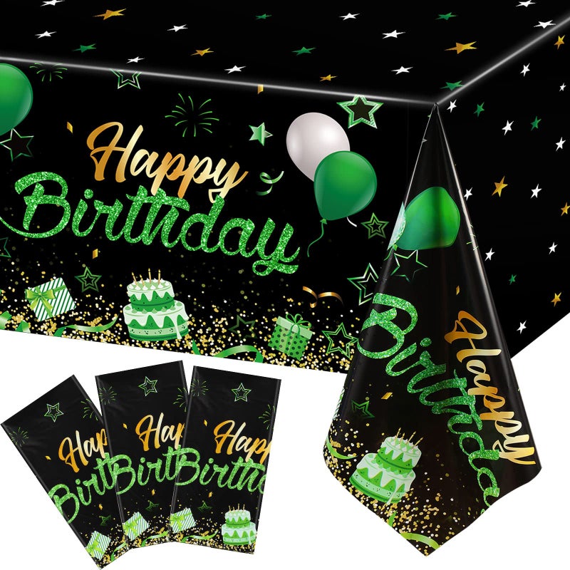 Breling 3 Pack Birthday Party Supplies Confetti Sprinkles Happy Birthday Tablecloths Starry Table Covers for Kids Adults Party Decorations 54 x 108 Inches Green and Black