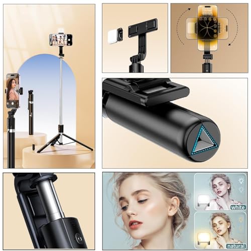 Hold Up Long Selfie Stick Tripod With Light, 67 inch /170CM Reinforced Tripod for Mobile Phone, Multi-Functional Bluetooth Selfie Stick for Travel, Vlogging, Compatible with iPhone and All Smartphones - Image 4