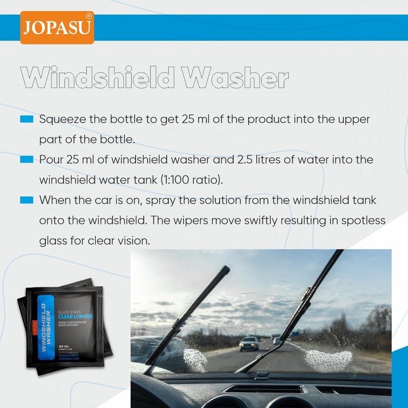 Jopasu Windshield Washer Pouch – 25 ml (Pack of 10) | Ultra-Concentrated Formula | Crystal Clear, Spot-Free Windshield | Streak-Free, Lint-Free, Scratch-Free Shine - Image 4