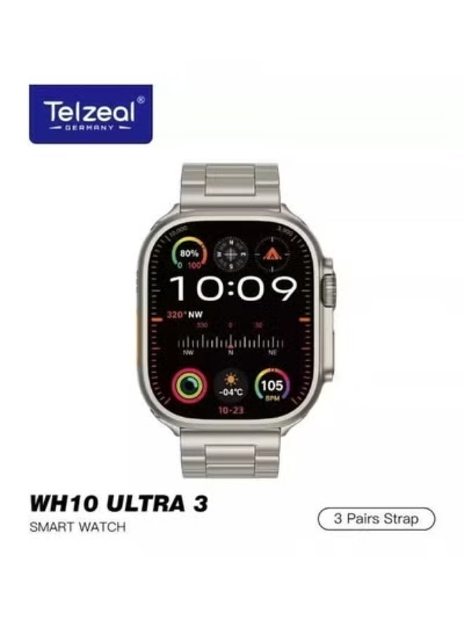 Telzeal WH10 Ultra 3 Smart Watch with 3 Additional Straps, Water-Resistant - Large HD Screen - Fitness Tracking - Compatible with iPhone & Android - (Titanium Gold Color) - Image 1