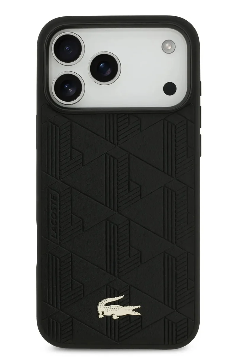 LACOSTE iPhone 17 Pro MagSafe Case PU Leather With Monogramme Logo &amp; Gold Logo / Slim profile / MagSafe / Drop Protection / Easy Snap On / Back Cover - Black