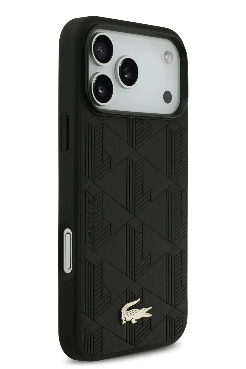 LACOSTE iPhone 17 Pro MagSafe Case PU Leather With Monogramme Logo &amp; Gold Logo / Slim profile / MagSafe / Drop Protection / Easy Snap On / Back Cover - Black