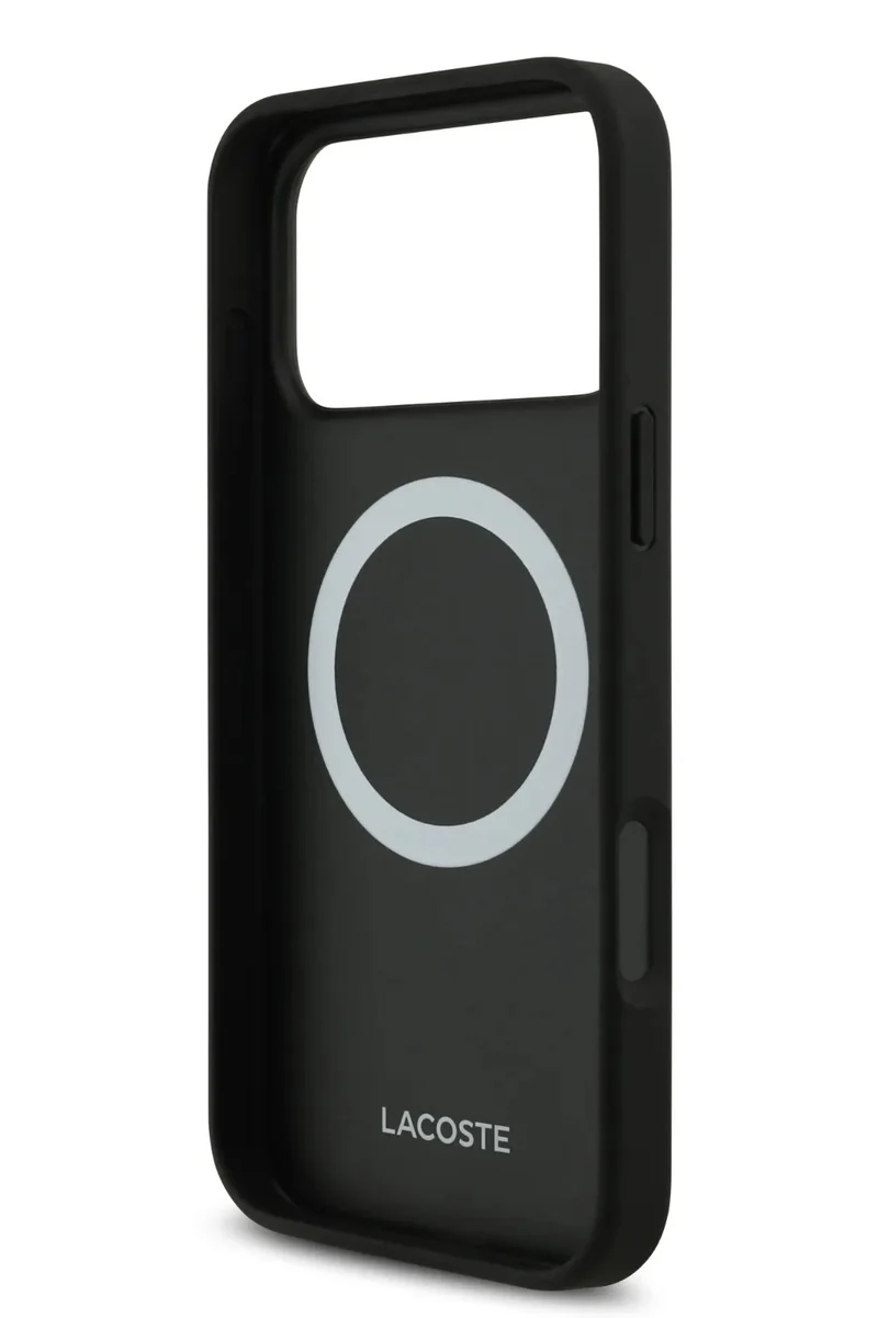 LACOSTE iPhone 17 Pro MagSafe Case PU Leather With Monogramme Logo &amp; Gold Logo / Slim profile / MagSafe / Drop Protection / Easy Snap On / Back Cover - Black