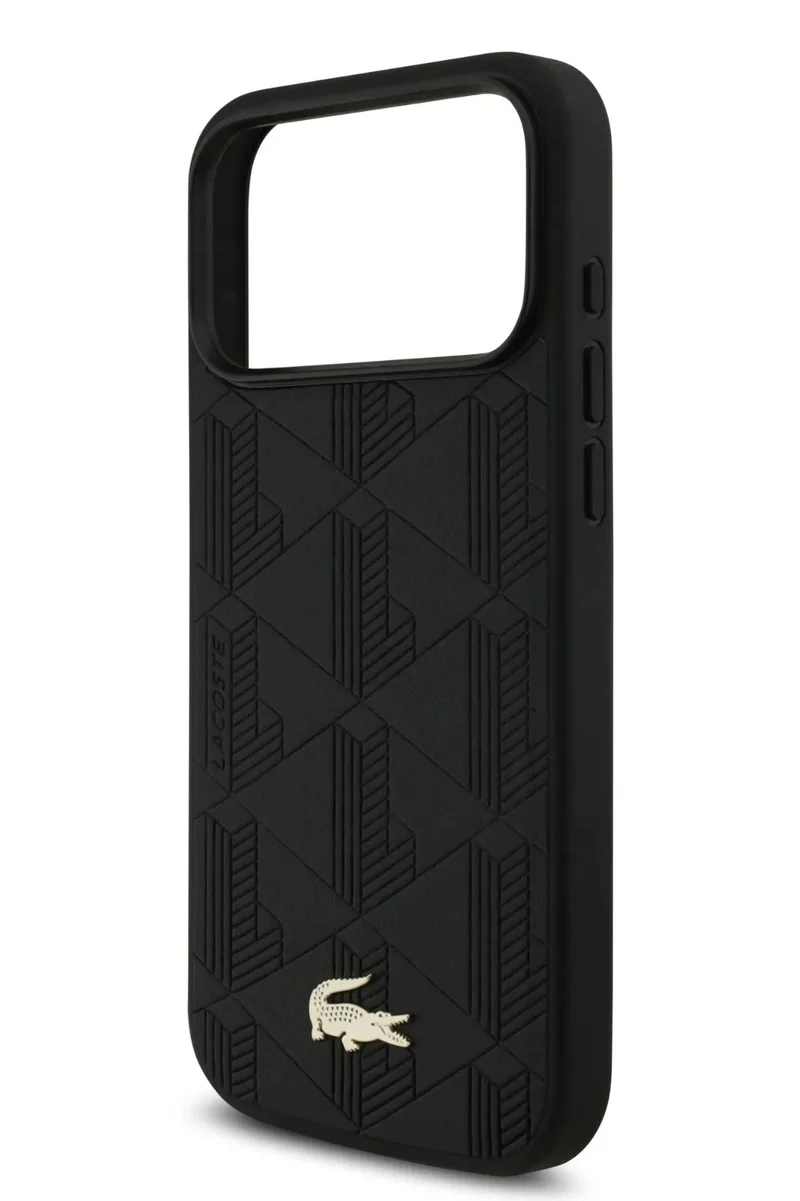 LACOSTE iPhone 17 Pro MagSafe Case PU Leather With Monogramme Logo &amp; Gold Logo / Slim profile / MagSafe / Drop Protection / Easy Snap On / Back Cover - Black