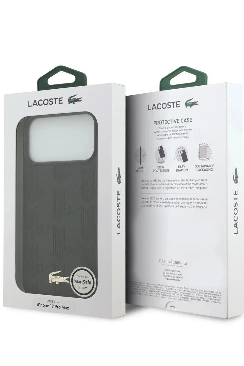 LACOSTE iPhone 17 Pro MagSafe Case PU Leather With Monogramme Logo &amp; Gold Logo / Slim profile / MagSafe / Drop Protection / Easy Snap On / Back Cover - Black
