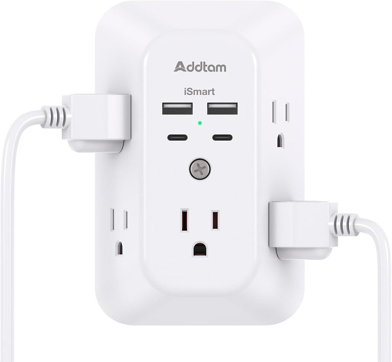 Addtam Surge Protector Outlet Extender - 5-Outlet Splitter with 4 USB Wall Charger(2 USB-C Ports), Multi Plug Outlet Power Strip for Home, Dorm Room Essentials - Image 1