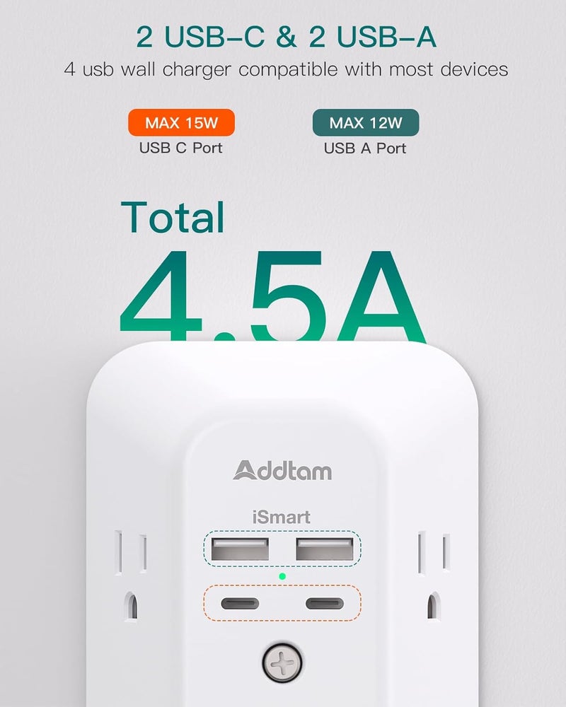 Addtam Surge Protector Outlet Extender - 5-Outlet Splitter with 4 USB Wall Charger(2 USB-C Ports), Multi Plug Outlet Power Strip for Home, Dorm Room Essentials - Image 3