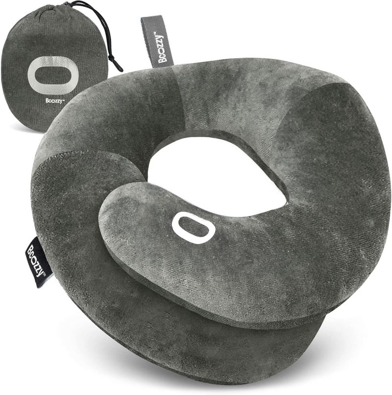 BCOZZY Organic Cotton Double Support Neck Pillow for Travel - 3 Ergonomic Positions for Head, Neck, and Chin Comfort - Ideal for Sleeping Upright on Flights, Cars, and at Home – Large, Gray - Image 1