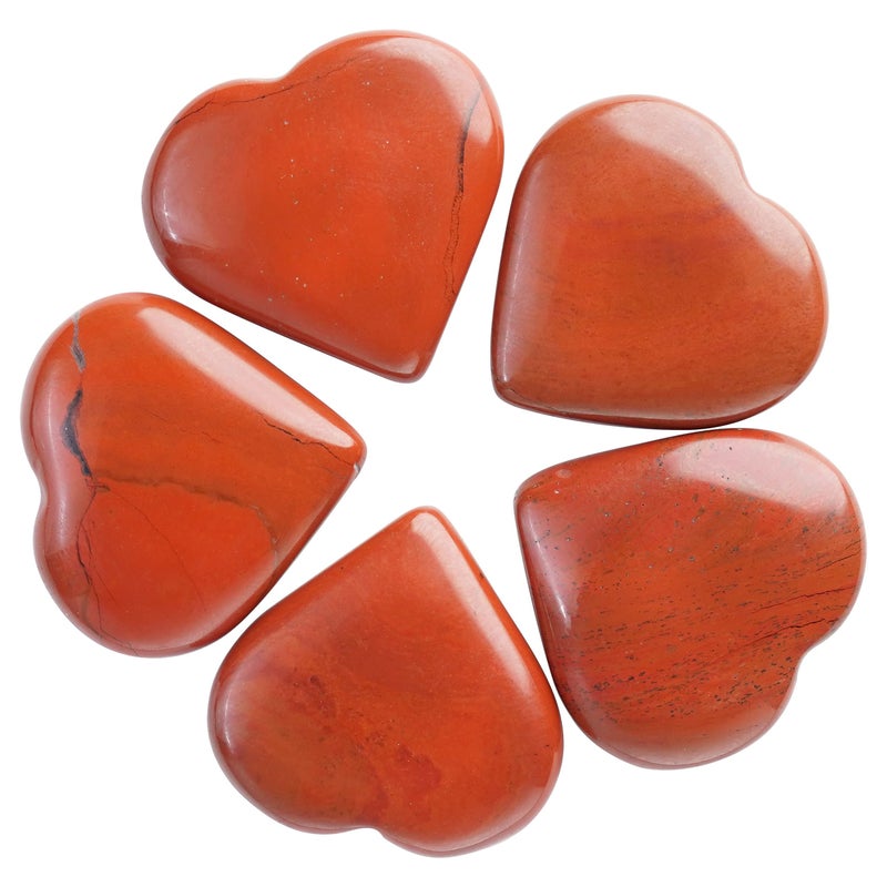 Crocon 5 Pcs Red Jasper Heart stone 25mm Mini Heart Shape gemstone Puff Stones Set 400 Carats Pocket Crystal Healing Tumble Collection Palm Worry Stone Good Luck Meditation Gift Craft Home Decor
