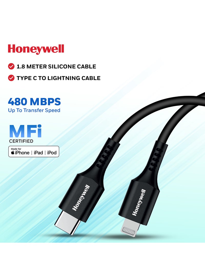 Honeywell Type C To Lightning Cable 1.8Mtr Mfi Certified Compatible With Iphone 14/13/12/11 Series Ipad Ipod Upto 87W Pd Black Black - Image 1