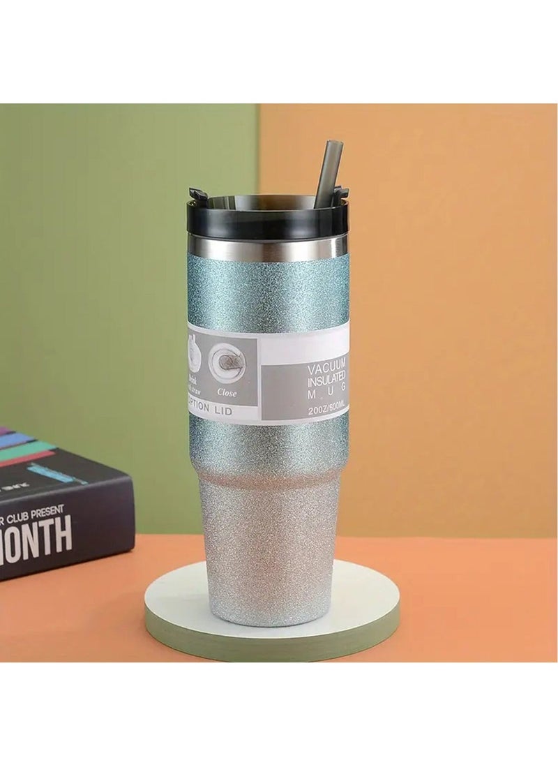 Hihonor Travel Coffee Mug, Stainless Steel Insulated Mug with Lid, Gradient Color Double Layer Travel Mug with Removable Straw, Thermal Vacuum Cup for Hot and Cold Beverage, Blue To Silver  - Image 1