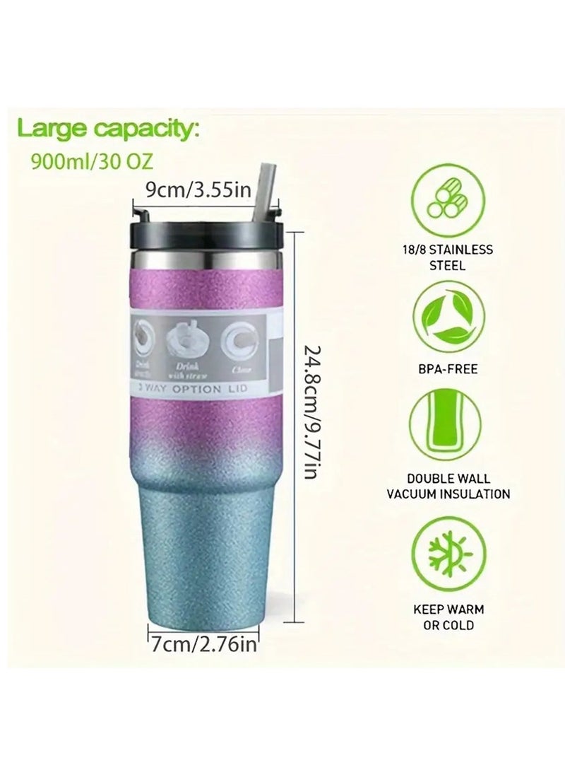 Hihonor Travel Coffee Mug, Stainless Steel Insulated Mug with Lid, Gradient Color Double Layer Travel Mug with Removable Straw, Thermal Vacuum Cup for Hot and Cold Beverage, Blue To Silver  - Image 2