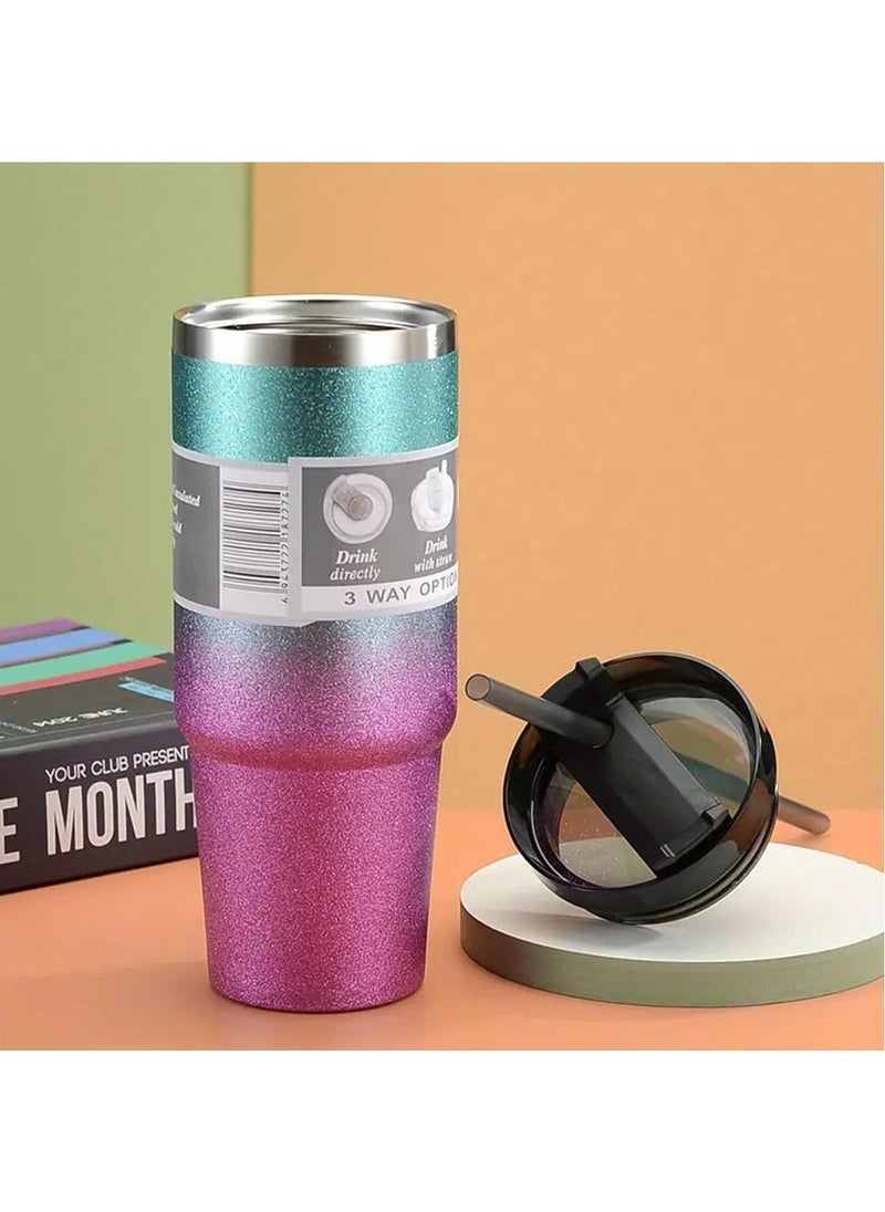 Hihonor Travel Coffee Mug, Stainless Steel Insulated Mug with Lid, Gradient Color Double Layer Travel Mug with Removable Straw, Thermal Vacuum Cup for Hot and Cold Beverage, Blue To Silver  - Image 5