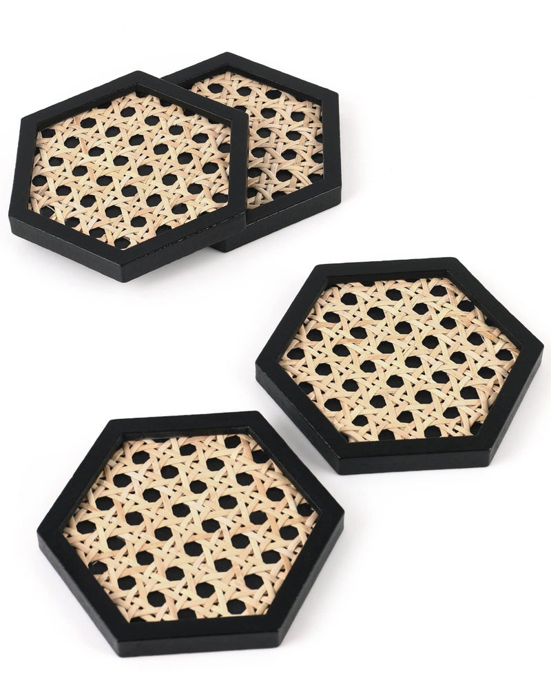 Unique Wooden Rattan Coasters  Stylish Rattan Decor to Protect Surfaces  Set of 4  Classic Black Coasters for Drinks  Natural Handwoven Design Hexagon