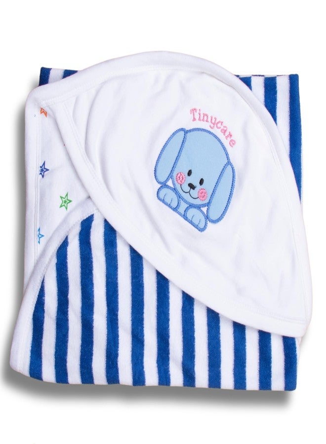 Tinycare Cotton Bath Hooded Towel for New Born Baby, Extra Soft with Terry Stripes, Printed Towel for Kids/Toddler/Infants 72 x 72cm, Quick Absorbent (Blue- Pack of 1) 0-12 Months - Image 1