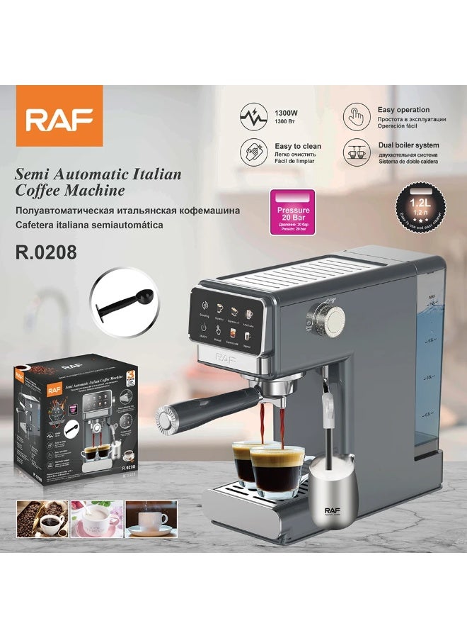 آر إيه أف آلة صنع قهوة إسبريسو RAF 20 بار بقوة 1300 واط - ماكينة قهوة إيطالية نصف آلية مع خزان سعة 1.2 لتر، وغلاية مزدوجة، وخافق حليب - Image 5