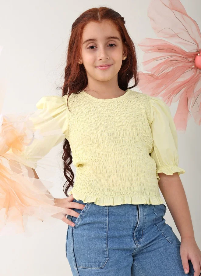 Bonkids BONKIDS Girls Yellow Cotton Top with Puff Sleeves