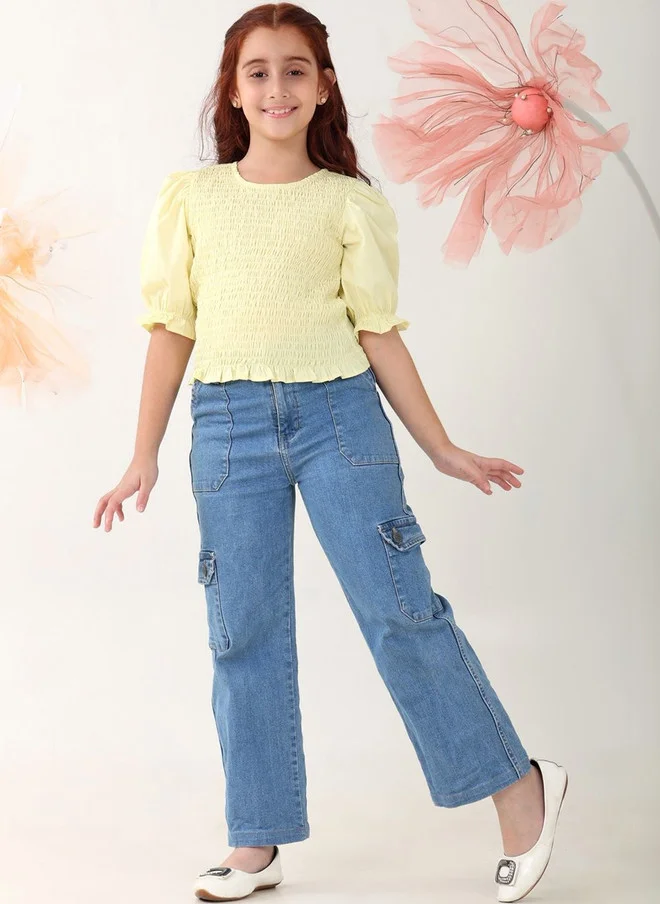 Bonkids BONKIDS Girls Yellow Cotton Top with Puff Sleeves